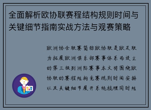 全面解析欧协联赛程结构规则时间与关键细节指南实战方法与观赛策略 全面解析欧协联赛程结构规则时间与关键细节指南实战方法与观赛策略